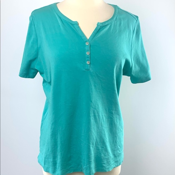 LL Bean ladies T-shirt Teal Blue Easy to wear 100% cotton 3 button plaque - Picture 1 of 5